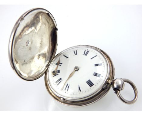 George III silver hunter pocket watch, the engraved case enclosing a white enamel dial marked with Roman numerals.