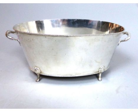 20th century silver plated twin handled wine cooler, raised on four paw feet, 52cm l.