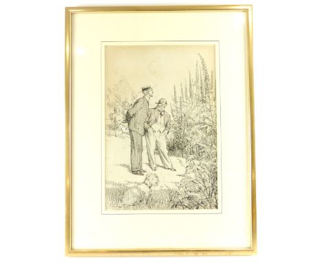 Frank Reynolds, pen and ink, "A cigar break and claret wine garden" signed, 27x 18cm (framed).