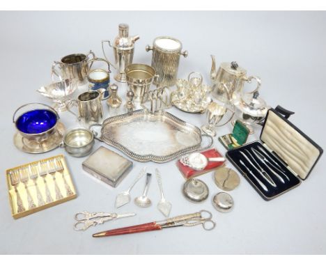 Quantity of 20th century silver plated ware, including a cocktail shaker. three piece tea service, wine cooler etc. (qty)