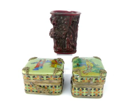 Pair of Chinese ceramic boxes, rectangular with white metal mounts. together with a cast cup, (3)