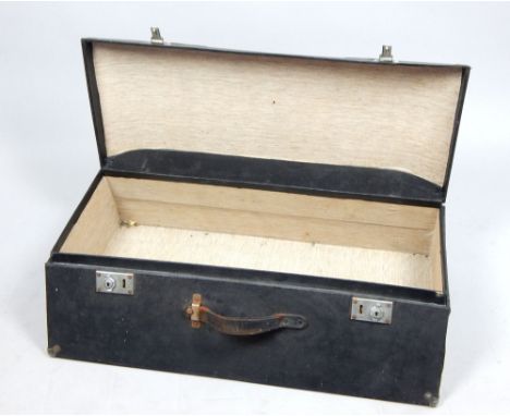 Early 20th century motoring trunk, of tapering domed form, covered in black rexine with chrome fittings and a leather handle,
