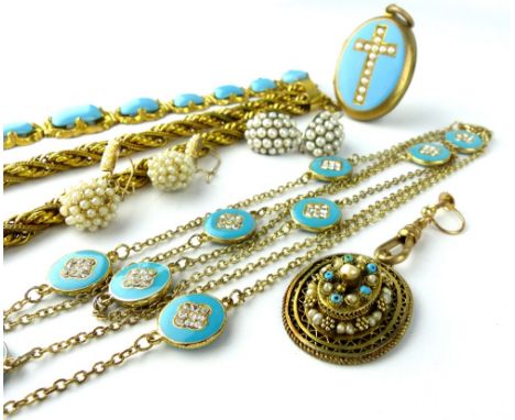 Late 19th century turquoise enamel oval drop pendant, set with pearls, with a bracelet, brooch, disk necklace, two pairs of p