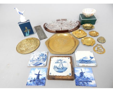 Three 19th century Delft tiles, 13 x 13cm, together with a small quantity of brass ware and collectables including clear glas