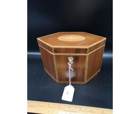 Edwardian hexagonal tea caddy with fitted interior and key. 