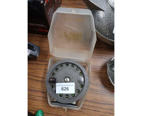 K p morrits intrepid fly reel With line and perspex box. 
