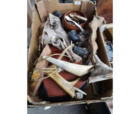 Box of interesting table lamps includes stag antler lamp. 