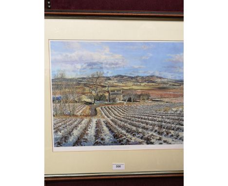 Large macintosh Patrick print depicting countryside cottage scene in mahogany framing. 