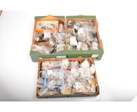 Slaters and other 0 gauge Rolling stock accessories wheels parts mostly packed in bags (large qty in 3 boxes), including Loco