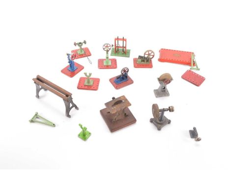 Workshop Tools for steam engines by Mamod and Others (qty), including stamping machine, grinder and steam hammer in green/red