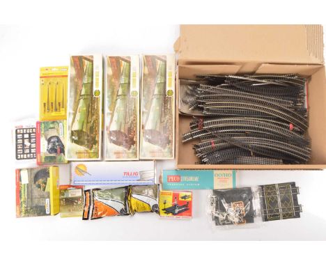 Hornby 00 gauge track with buildings and construction kits (qty in 2 boxes), comprising Hornby track appears mostly unused,  