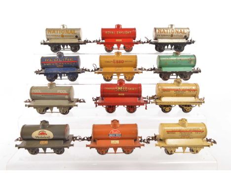 Hornby 0 Gauge pre and post war unboxed Tank wagons (12), comprising, POOL, Mobiloil, Redline, Royal Daylight, Pratts, buff E