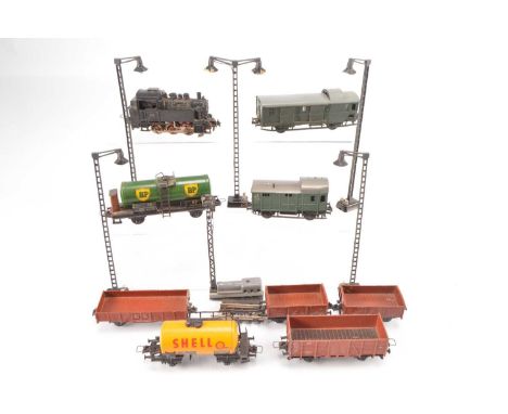 Trix Express H0 Gauge unboxed Continental 0-6-0 Tank and various Goods Rolling stock and Yard Lamps (15), DB black 80020 0-6-