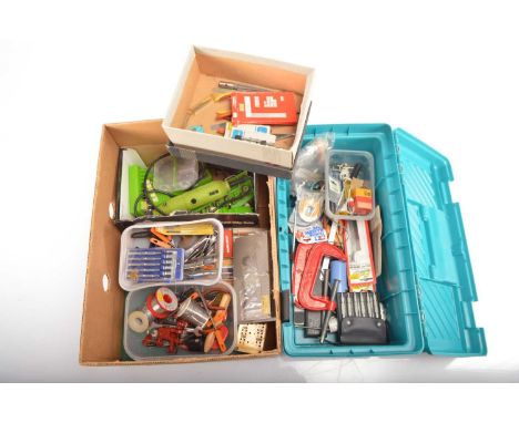 Hand tools for modellers (qty in 2 boxes), including G-clamps (7), snips, pliars, files, set square, fretsaw, mini-vice, sold