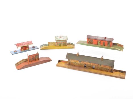 Five 0 Gauge Stations by various Makers (5), Brimtoy Station with two lamps and two seats, G, Bing station F, roof glossed, l