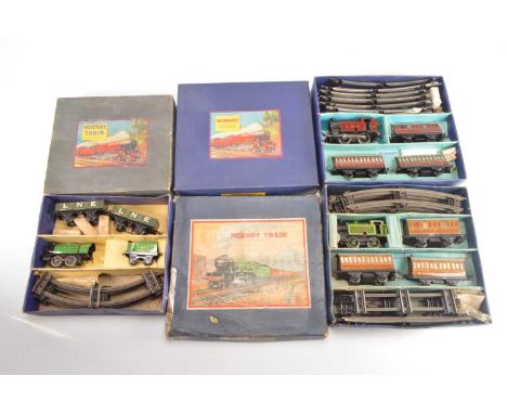 Three Hornby 0 Gauge early post-war 101 and M1 clockwork Train Sets, 101 LNER Passenger Set comprising 101 LNER green 0-4-0 N