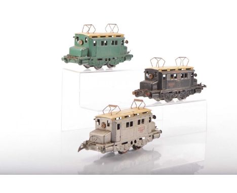 French Hornby 0 Gauge group of PO overhead electric Style Locomotives (3), SNCF in light blue, dark brown and silver all 3-ra