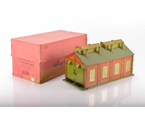 Hornby 0 Gauge E2E Engine shed, some rusting particularly to doors, skylights and roof, F in No.2A Engine Shed box, F