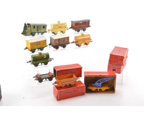 Hornby 0 Gauge group of Goods wagons (12), consisting of a Castrol Tanker, Meccano Rotary tipping wagon, Crane truck, No.0 GW
