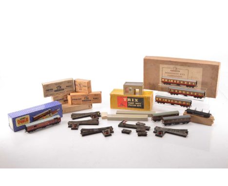 Trix 00 Gauge pre and post war unboxed Coaches boxed Track and Goods shed and Hornby-Dublo Royal Mail TPO Set (8 boxes), Trix