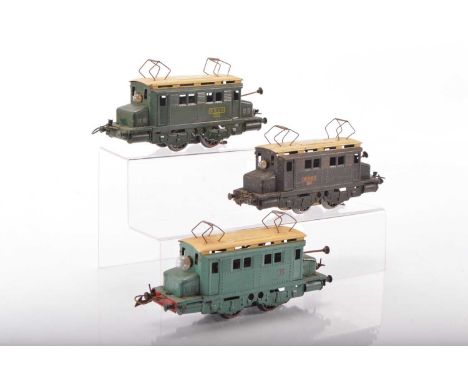 French Hornby 0 Gauge group of PO overhead electric Style Locomotives (3), SNCF in light blue, dark brown and dark green all 