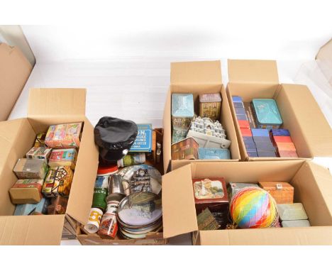 Collectable Biscuit tins  mostly depicting Buildings together with railway-related China metal and resin items (qty in 5 boxe