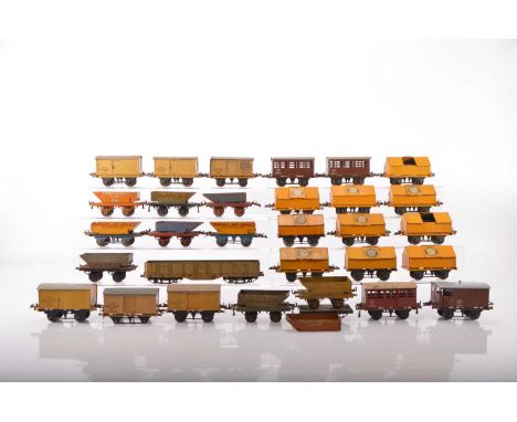 Hornby 0 Gauge Pre and Postwar Goods wagons (25 plus), Cement wagons *10, NE Cattle trucks *3, LMS vent vans *6, rotary tippi