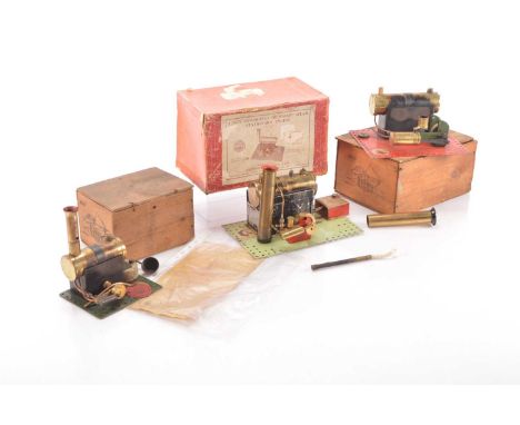 Boxed Bowman live steam Stationary Engines (3), a Model M167 engine in wooden box, with burner, detachable chimney and exhaus