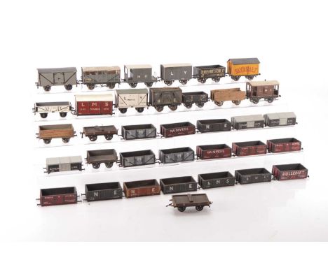 Scratch/Commercially  built 0 Gauge course scale wooden Goods wagons (30 plus), includes Saxa salt, LMS Gunpowder, Cattle Tru
