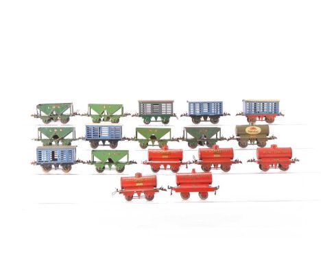 Hornby 0 Gauge mixed group of Goods wagons (17), LMS/NE/GWR Hopper wagons *6, Milk Traffic vans *5 and Shell/Royal Daylight a