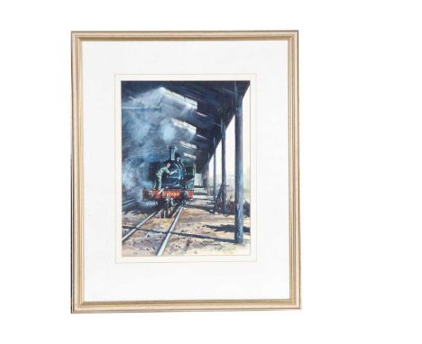 Original Watercolour Scene 'An Engine Shed' by Paul Honeywill,  framed and glazed watercolour, front on view of GWR steam tan