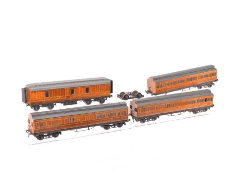 Scratch/Kit built 0 Gauge course scale GNR/LNER wooden Coaches (4), LNER 1st/3rd No.1945, brake 3rd No.2378 and 2389, GNR Ful