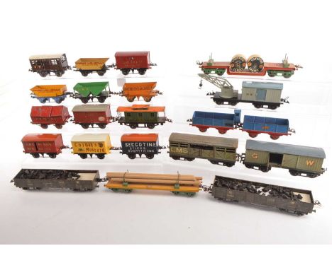 Hornby 0 Gauge pre and post war advertising Private Owners Vans French and US wagons and various bogie wagons (21), Crawfords