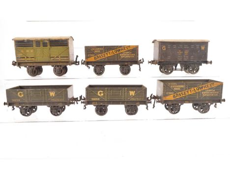 Six Bassett-Lowke 0 Gauge Goods Wagons (6), Bassett-Lowke Private Owners open wagons (2), GWR Open wagons (2(, GWR Fish Van a