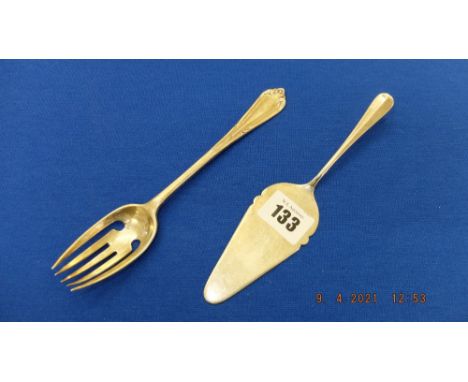 A hallmarked Silver cake slice and a unusual pickle fork, total weight for lot 3.5 ounces