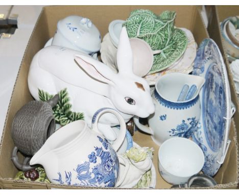 Pair of Portuguese rabbit-shaped tureens, a ceramic Chinese dark grey biscuitware osier teapot, a Warki ware South African st