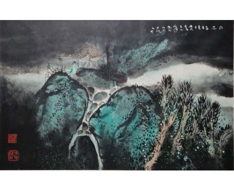 20th century Chinese school
Inks, watercolour and gouache
Figure seated outside hut within landscape, red seal marks lower le