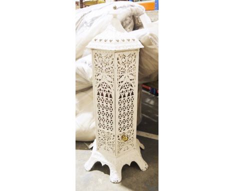 Cast iron gas burner&nbsp;converted into a light with acanthus leaf and Gothic arch design&nbsp;Condition ReportPanels appear
