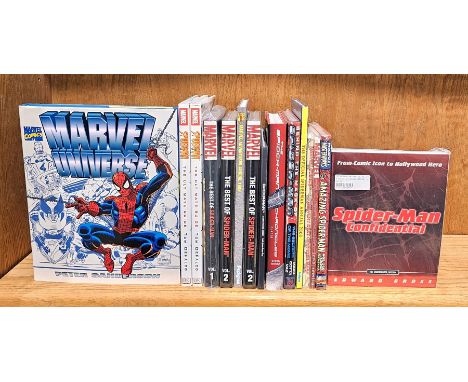Quantity of Marvel Comic Spiderman related books to include Peter Sanderson 'Marvel Universe', 2 x Tom DeFalco ' Spiderman th