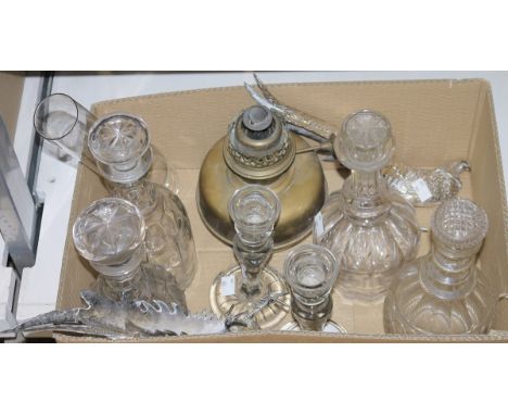 Four varying moulded glass decanters, a pair of cut glass candlesticks, a pair of silver plated pheasants, Masons Ironstone j