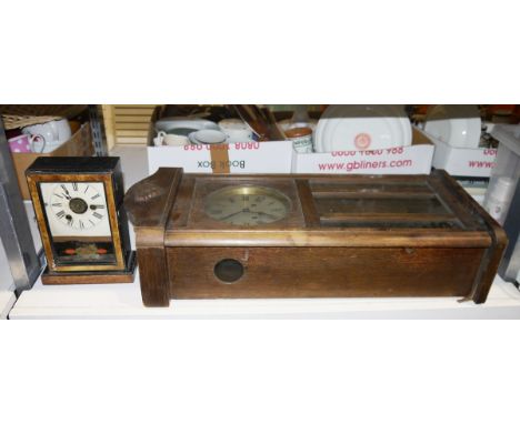 American 19th century mantel/alarm clock&nbsp;and an oak cased early to mid 20th century wall clock&nbsp;(2)&nbsp;