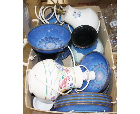 Collection of Denby stoneware midnight blue glazed bowls and plates, a Poole cream ground floral decorated table lamp and ano