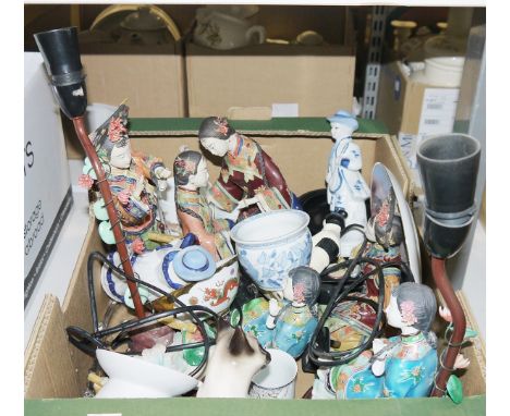 Chinese ceramic lamp&nbsp;of a woman in traditional dress and several similar figures, a ceramic model&nbsp;of a Siamese cat,