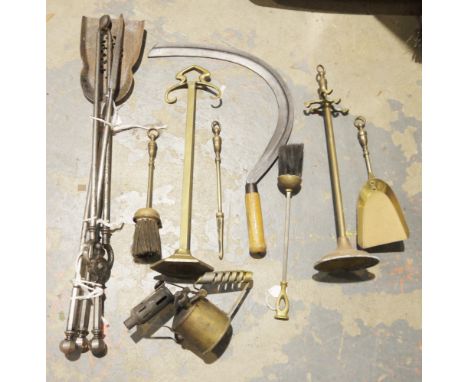 Assorted metalware including fireside companion sets, electroliers, warming pan, vintage blow torch, sickle, etc (1 box)&nbsp