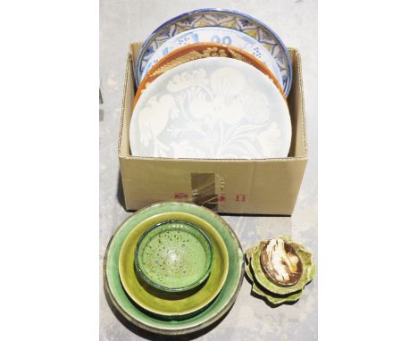 Large blue ground ceramic serving plate&nbsp;with floral and bird design, a green glazed studio pottery bowl, a Portuguese ce