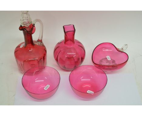 Collection of cranberry glass including decanter, powder bowl and glasses. Also 18 coloured wine glasses.