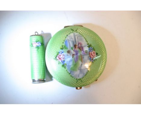 A green enamel and silver ladies compact with matching lip stick holder