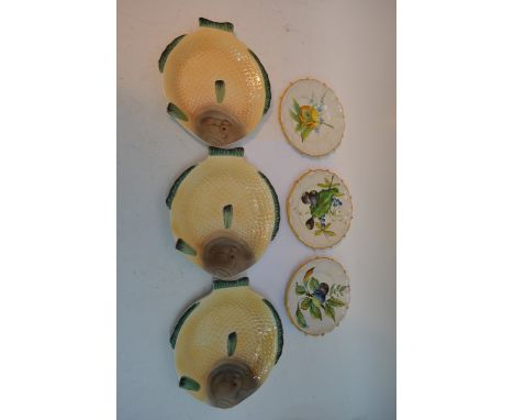 A Shorters fish service comprising serving dish and six plates, together with two majolica tea pots and three cantagalli plat