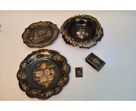 Two paper mache swing handle baskets, a tray and a snuff box