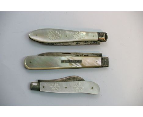 Three mother of pearl silver fruit knives